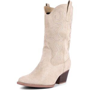Women Beige Suede Mid Calf Chunky Block Heel Western Embroidered Fashion Boot